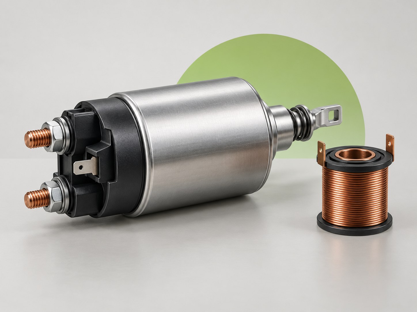 Concept illustration of a starter solenoid with copper terminals and an electromagnetic coil